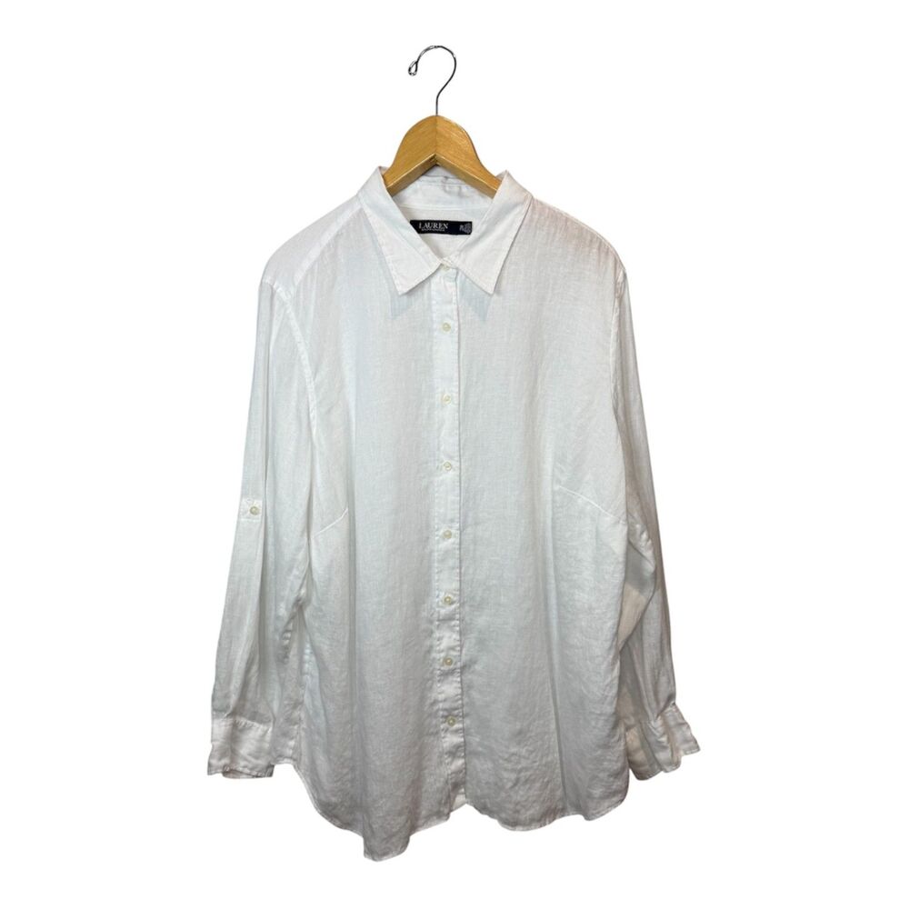 Lauren Ralph Lauren White Shirt Long Sleeve Button Linen Size 2X Casual Work - Picture 3 of 11